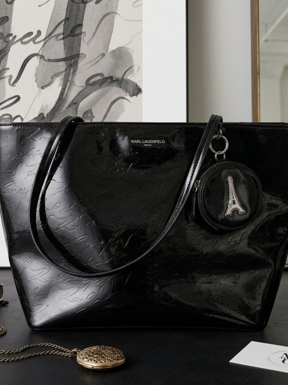 Karl Lagerfeld Black Patent Tote with Eiffel Charm Accent